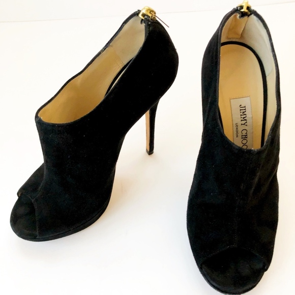 Jimmy Choo Black Suede Glint Peep Toe Booties